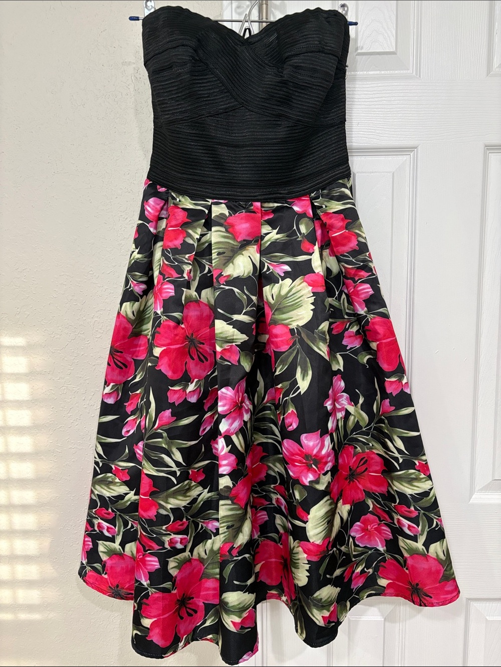 Fashion Nova Strapless Black Bodice Floral Fit & Flare Dress